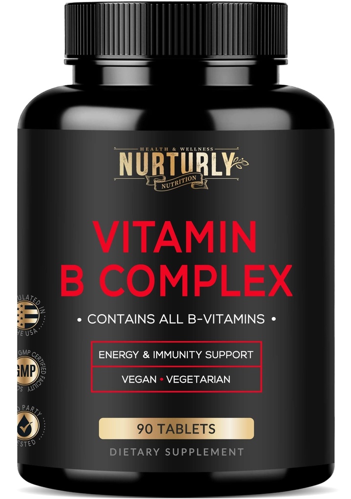 Vitamina B Complex - Conține toate vitaminele B esențiale - B1, B2, B3, B5, B6, B7, B9, B12 și Biotin - Super B vitamine complexe pentru energie, imunitate și suport de mood - 90 comprimate
