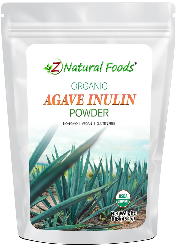 Z Natural Foods Organic Agave Inulin Powder, Natural Fiber Supplement, Prebiotic Superfood Pudră pentru băuturi, Smoothies, și Rețete, Raw, Non-GMO, Vegan, Gluten-Free, Kosher, 1 lb