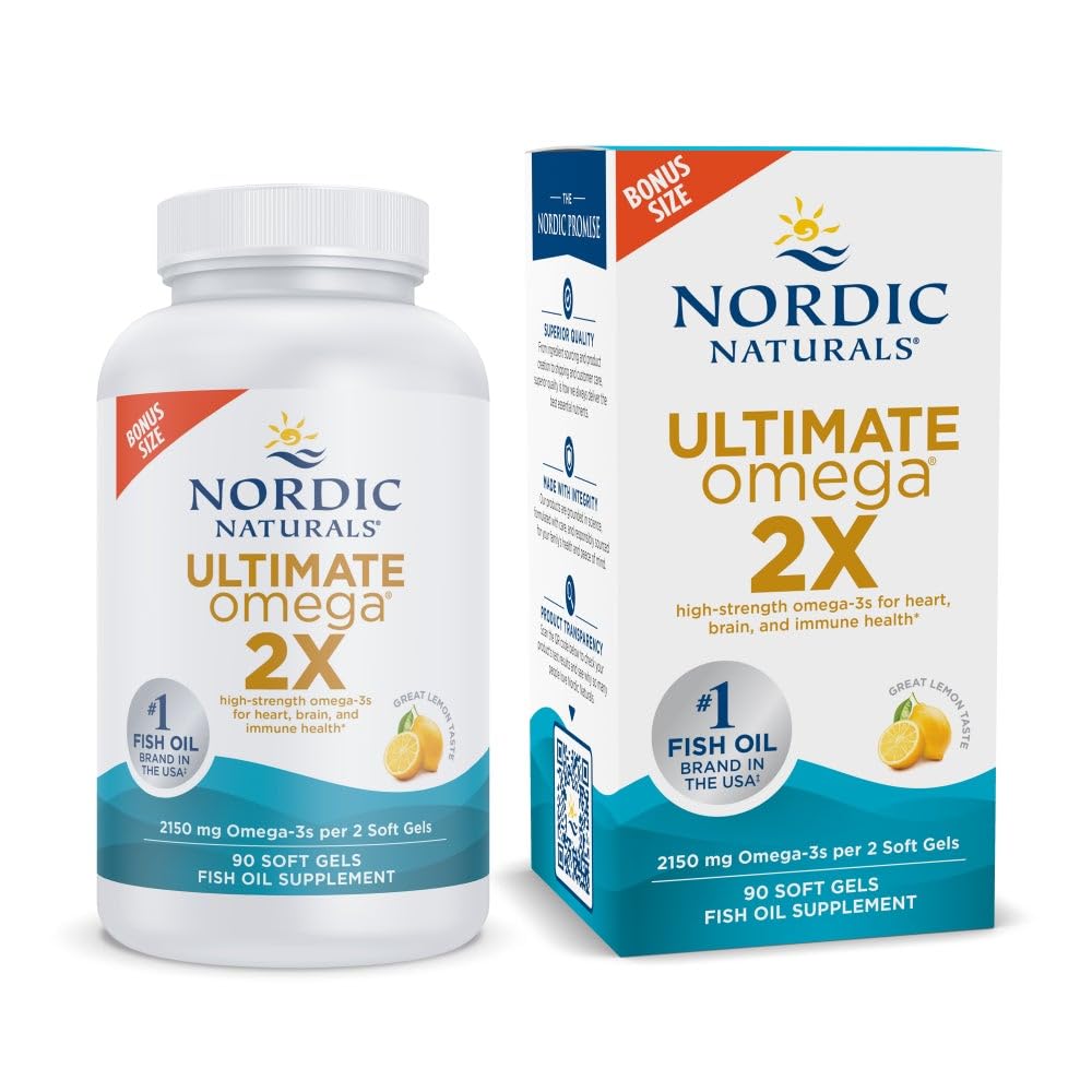 Nordic Naturals Ultimate Omega 2X, Lemon Flavor - 90 Soft Gels - 2150 mg Omega- Omega-3 ulei de pește cu EPA & DHA - Promovează creierul și inima - non-GMO - 45 Serviri