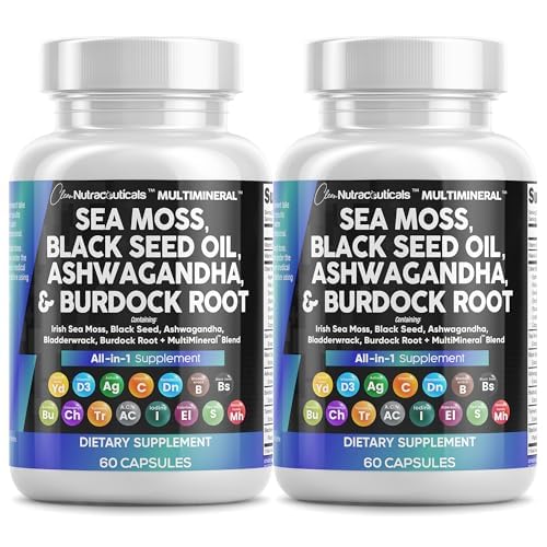 Clean Nutraceuticals Sea Moss Black Seed Oil Ashwagandha Turmeric Bladderwrack Braddock & Vitamina C Vitamina D3 cu Elderberry Manuka Yellow Dock Iod Clorofill ACV - 2Pack