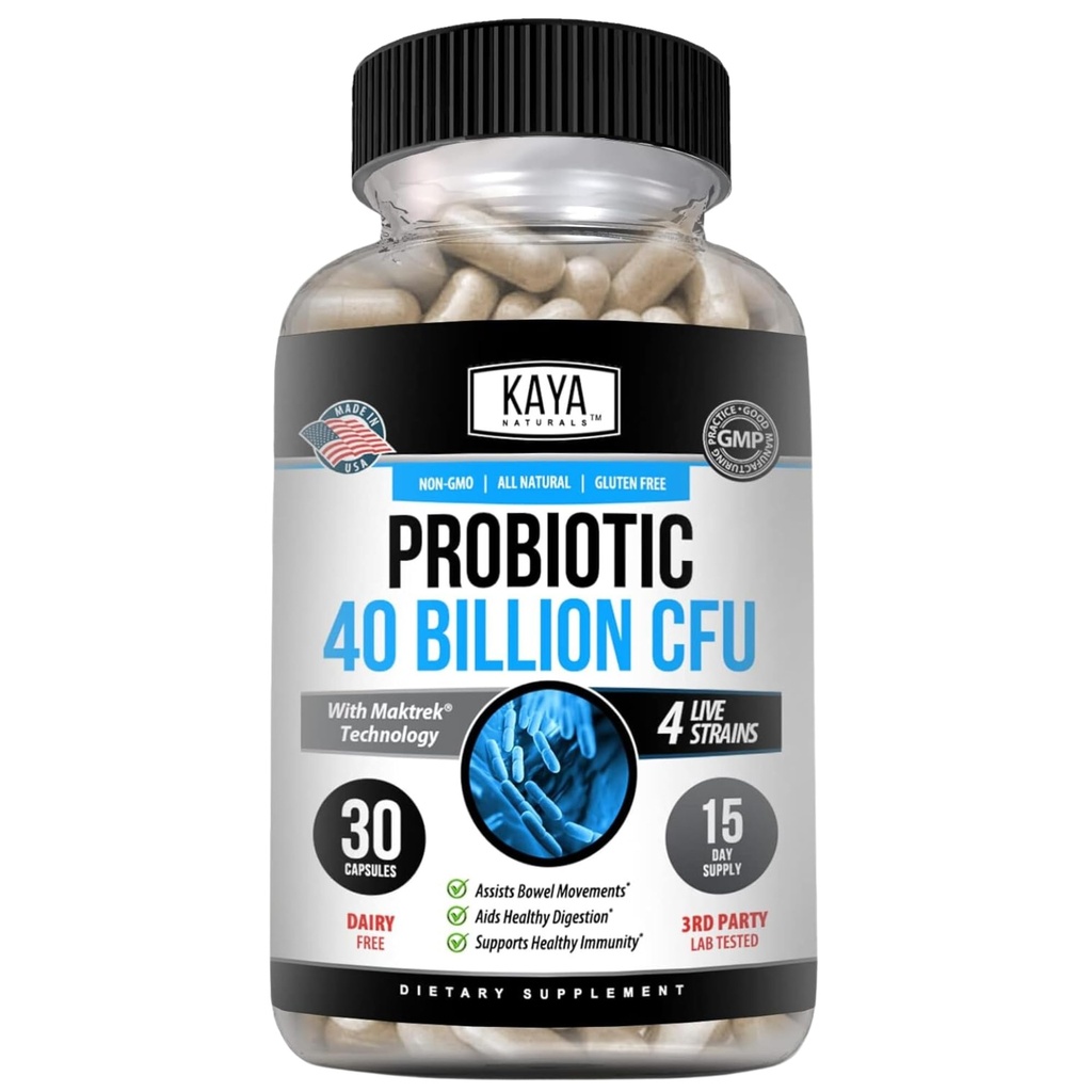 Kaya Naturals Probiotic 40 Miliarde CFU - Probiotice pentru femei, Probiotice pentru barbati si adulti, Natural - Instinct de sanatate si suport imun - Promoveaza sanatatea digestiva - 30 Conte