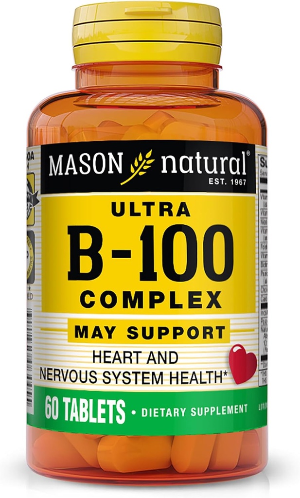 MASON NATURAL Ultra B-100 Complex - inima sanatoasa si sistemul nervos, imbunatateste functia imunitara si metabolismul energetic, 60 comprimate