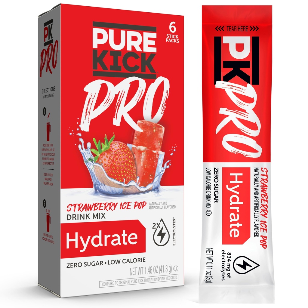 PURE KICK PRO Hidratare Electrolit Drink Mix, Căpșuni gheață Pop, Include 1 cutie cu 6 pachete în fiecare cutie