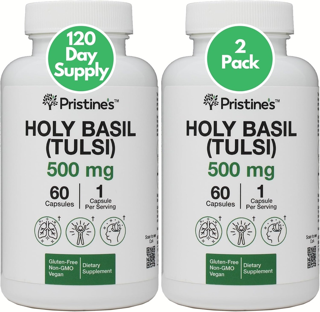 Sfântul Basil (Tulsi) 500 mg (2 ambalaj) Relaxare şi sprijin pentru imunitate Suplimentul Adaptogen - 120 zile de aprovizionare - Sfinte capsule de frunze de basil - Vegan - non-GMO - Suplimente fără gluten