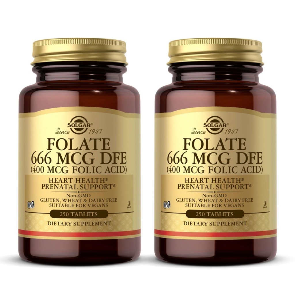 Solgar Folate 666 mcg DFE (acid folic 400 mcg) - 250 comprimate, pachet de 2 - Suport prenatal - non-GMO, Vegan, Gluten Free, Dairy Free, Kosher - 500 Serviri totale