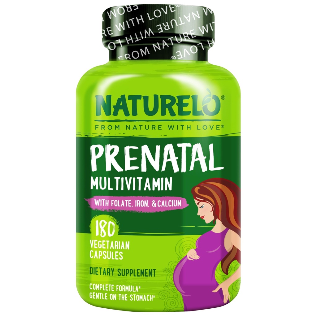 NATURLO Multivitamine prenatale cu Gentle Chelated Fier, Folate de metil, Plant Calciu & Choline - Vegan, Vegetarian - Non-GMO - Gluten Free - 180 Capsule - 2 luni de aprovizionare
