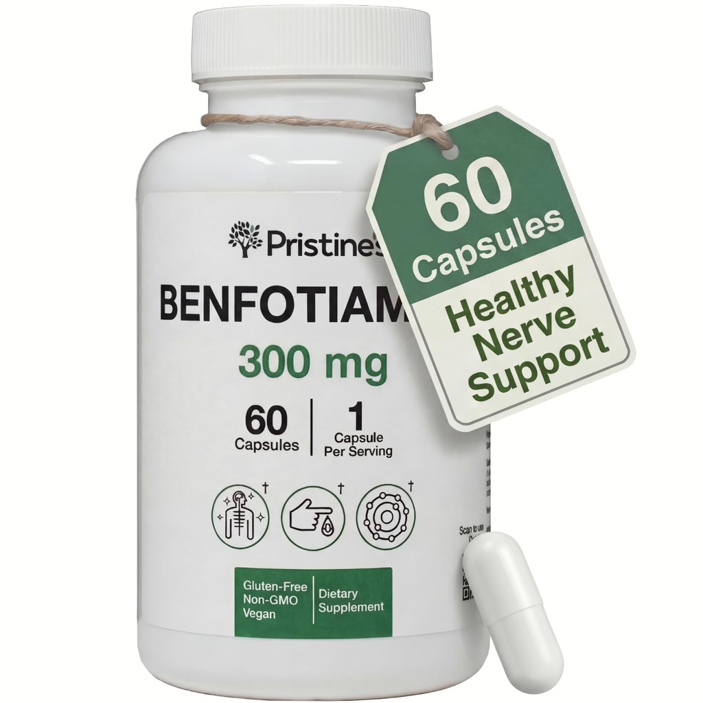 PRISTINE'S Benfotiamină 300mg mare Biodisponibilitatea Supplement de suport pentru nervi - 60 zile de aprovizionare - Suplimente de vitamina B1 solubile grăsime - Vegan - non-GMO