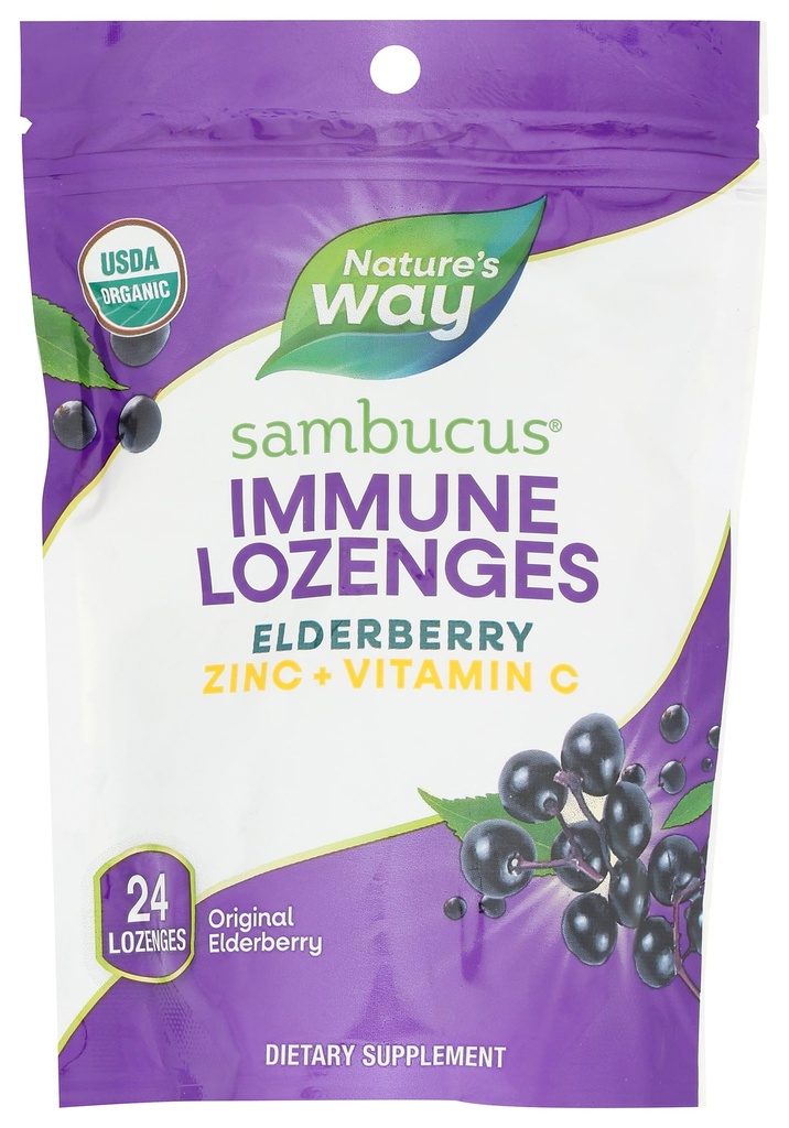 Natura's Way Sambucus Immune Lozenges, Zinc + vitamina C, Black Elderberry Extract, USDA Certified Organic, Original Berry Flavored, 24 Lozenges (Packaging May Vary)