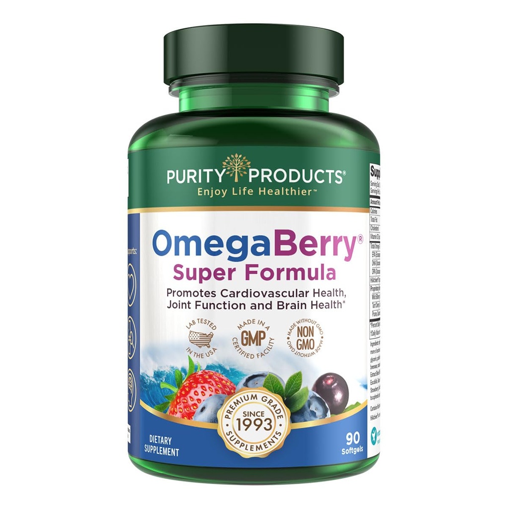 Produse de puritate Ulei de pește OmegaBerry w/Vitamina D3 + Super Formula Acai organic - 1875 mg concentrat, distilat molecular, Omega-3s pur Ultra 1080 mg EPA + 720mg DHA + 120 mg DPA - 90 Conte