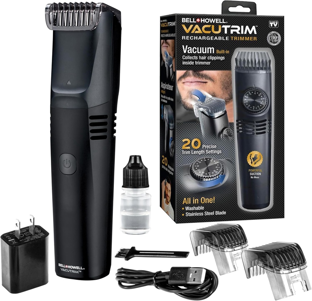 Vacutrim Cordless Mens Barbă Trimmer, Reîncărcabil Electric Shaver cu 20 Trim Setarea de calibrare Dial și Aspirație construit pentru mustață, Sideburns. Păr facial, negru, 7.5," aşa cum am văzut la TV