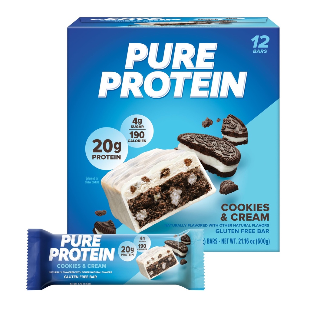Baruri de proteine pure, proteine mari, gustări nutritive pentru a sprijini energia, zahăr scăzut, fără gluten, cookie-uri și cremă, 1.76oz, 12 Pack