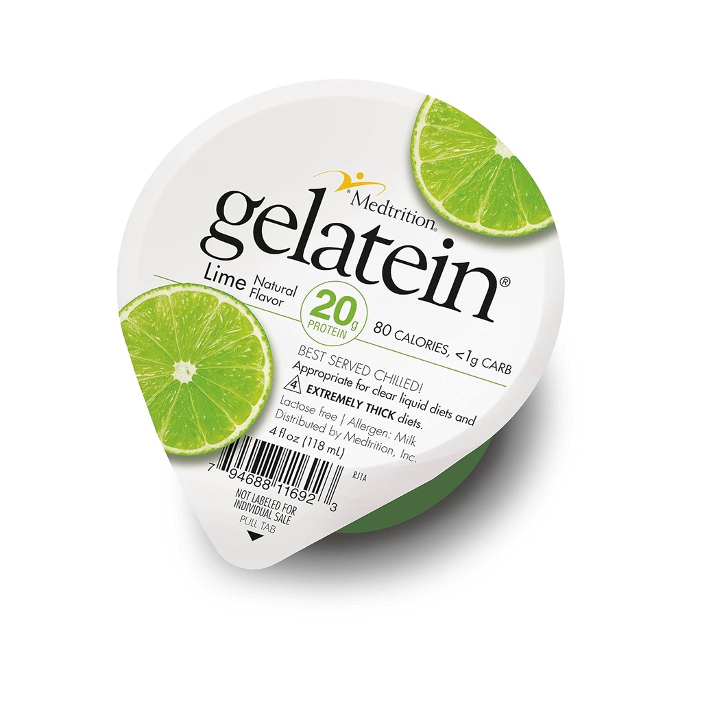 Gelatein Lime: 20 grame de proteine. Fără zahăr. Ideal pentru diete lichide clare, dificultăţi de înghiţire, bariatrie, dializă şi oncologie. O gustare grozavă înainte sau după antrenament. (12 ambalaj)