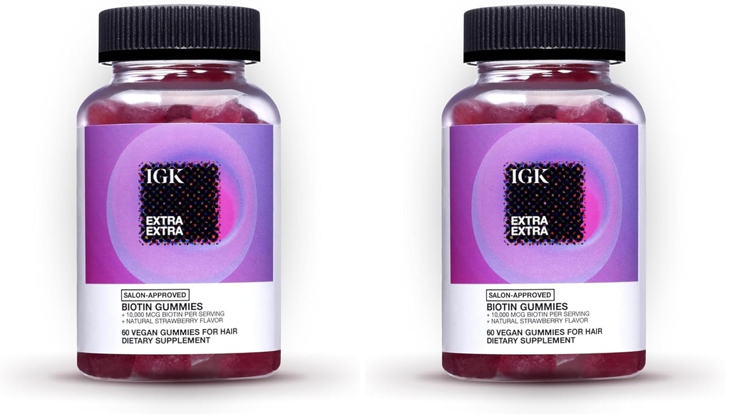 IGK Biotin Gume de păr 10.000mcg Biotina (conte 60), Aroma de căpșuni, Gumiile de creștere a părului pentru parul sanatos, piele & unghii, Vegan, Ajutor Combate pierderea parului & Thinning (Pachet de 2)