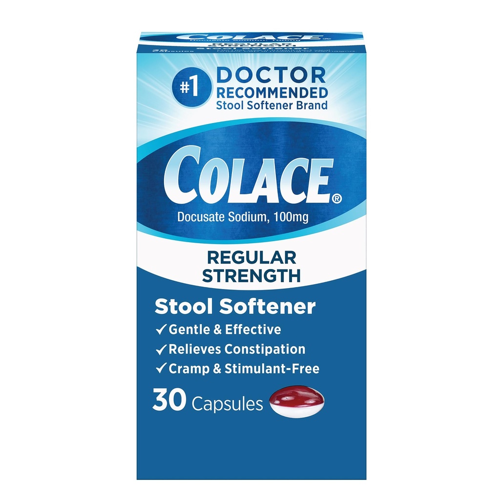 Colace Regular Putere Stool Softner pentru Relief de constipație blând eficace, No. 1 Doctor recomandat Stool Softener Brand, 100 mg capsule Docusate, 30 Conte