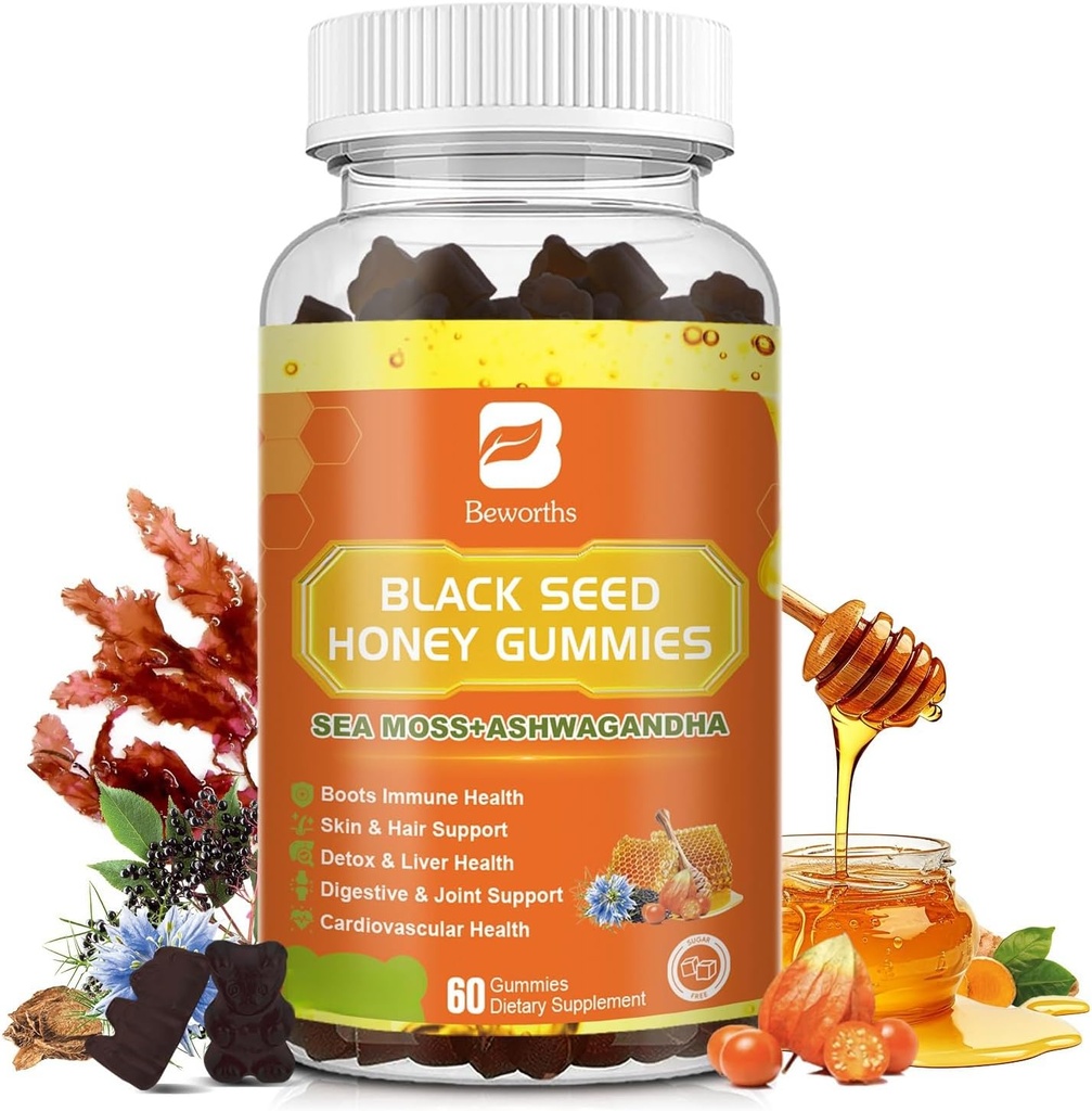Black Seed Oil Sea Moss Gummies cu Ashwagandha, Brodock Root, Linden Honey, Elderberry, Turmeric, Vitamina C, D3 & Zinc - Sprijină imunitatea, articulații, Digestion, Hair & Skin, Vegan Gummies 60 Counts