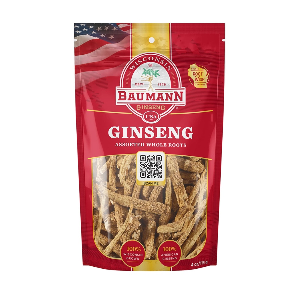 Baumann Wisconsin Ginseng Asortate Roots Whole 4 oz - 100% Natural Panax Ginseng Herb, Pur uscat American Ginseng pentru energie îmbunătățită