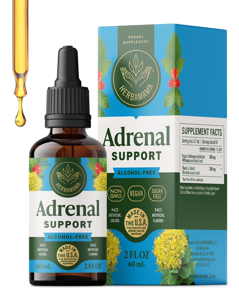 HERBAMAMA Suport Adrenal Picături lichide - Tinctură suprarenală Vegană cu rădăcină Ashwagandha & Rhodiola Extract Rosea - Extract non-GMO, supliment fără alcool și zahăr - 28 de zile de aprovizionare