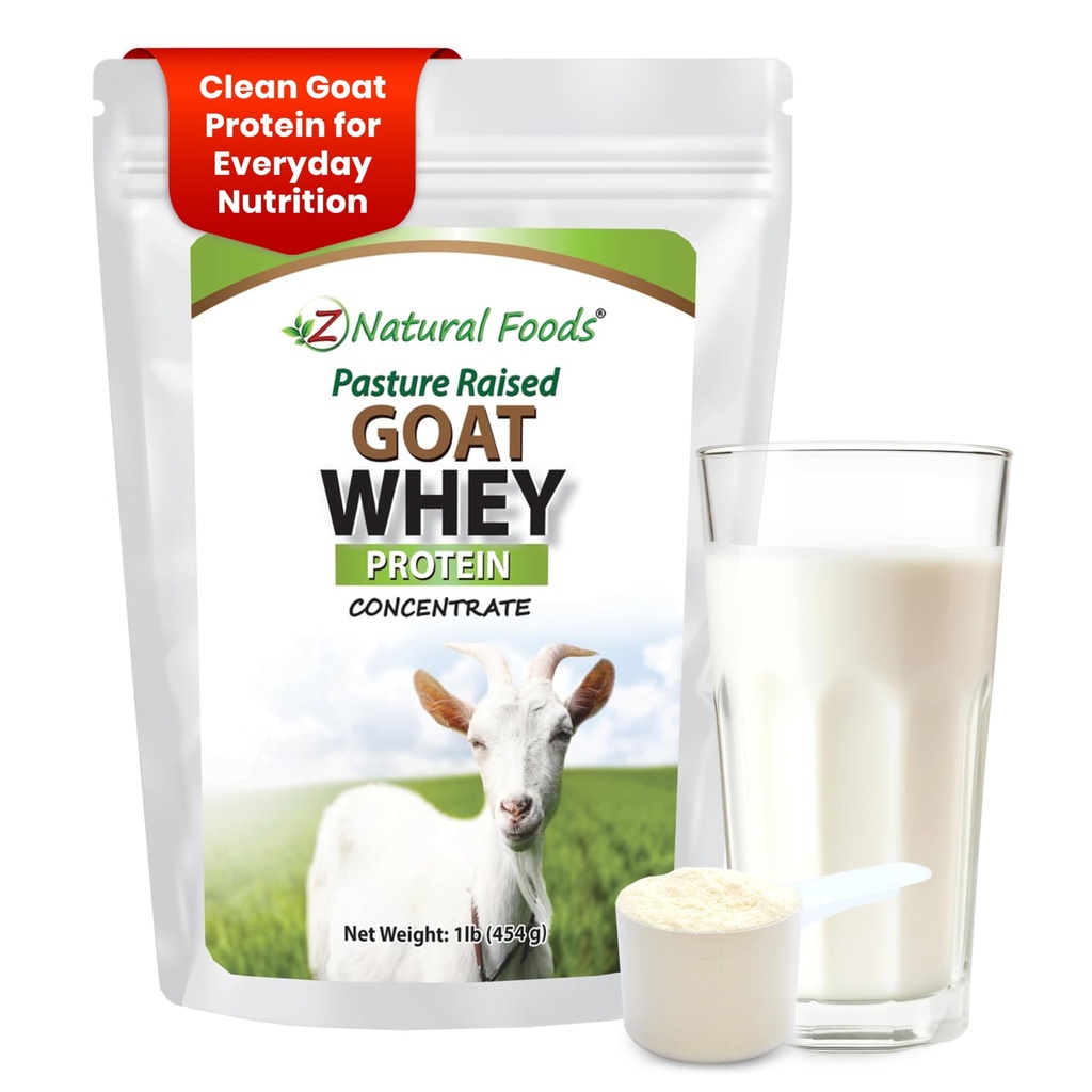 Z Natural Foods Goat Whey Proteine Powder Concentrat - nedenaturat, nearomat, Pasture Crescut Whey - Pulbere de proteine de capră curată cu proteine vitale pentru managementul greutății, suport imunitar, fitness, 1 lb