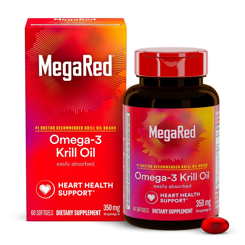 Omega-3 Krill Oil 350mg Softgels, MegaRed (60 Conte In A Bottle), EPA & DHA Omega-3 Acidi grasi cu nici un gust de pește Spre deosebire de ulei de pește, conține antioxidant Astaxantină