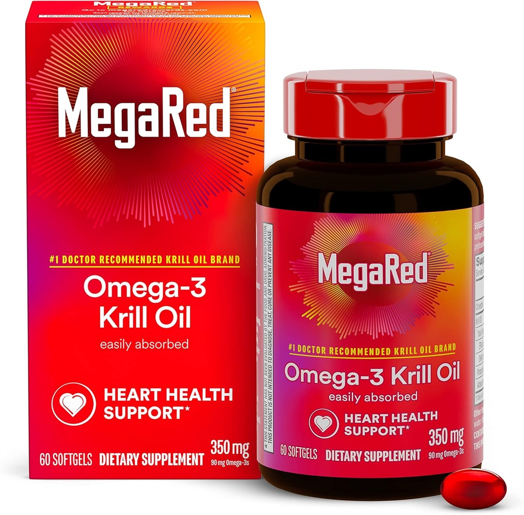 Omega-3 Krill Oil 350mg Softgels, MegaRed (60 Conte In A Bottle), EPA & DHA Omega-3 Acidi grasi cu nici un gust de pește Spre deosebire de ulei de pește, conține antioxidant Astaxantină