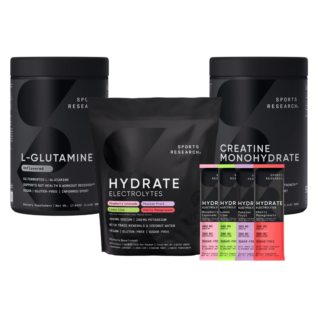 Sports Research L-Glutamine (1.1 lbs), Sugar-free natural hidrate Electroliti 16x Pachete de soiuri și Creatine Monohidrat (1.1 lbs)