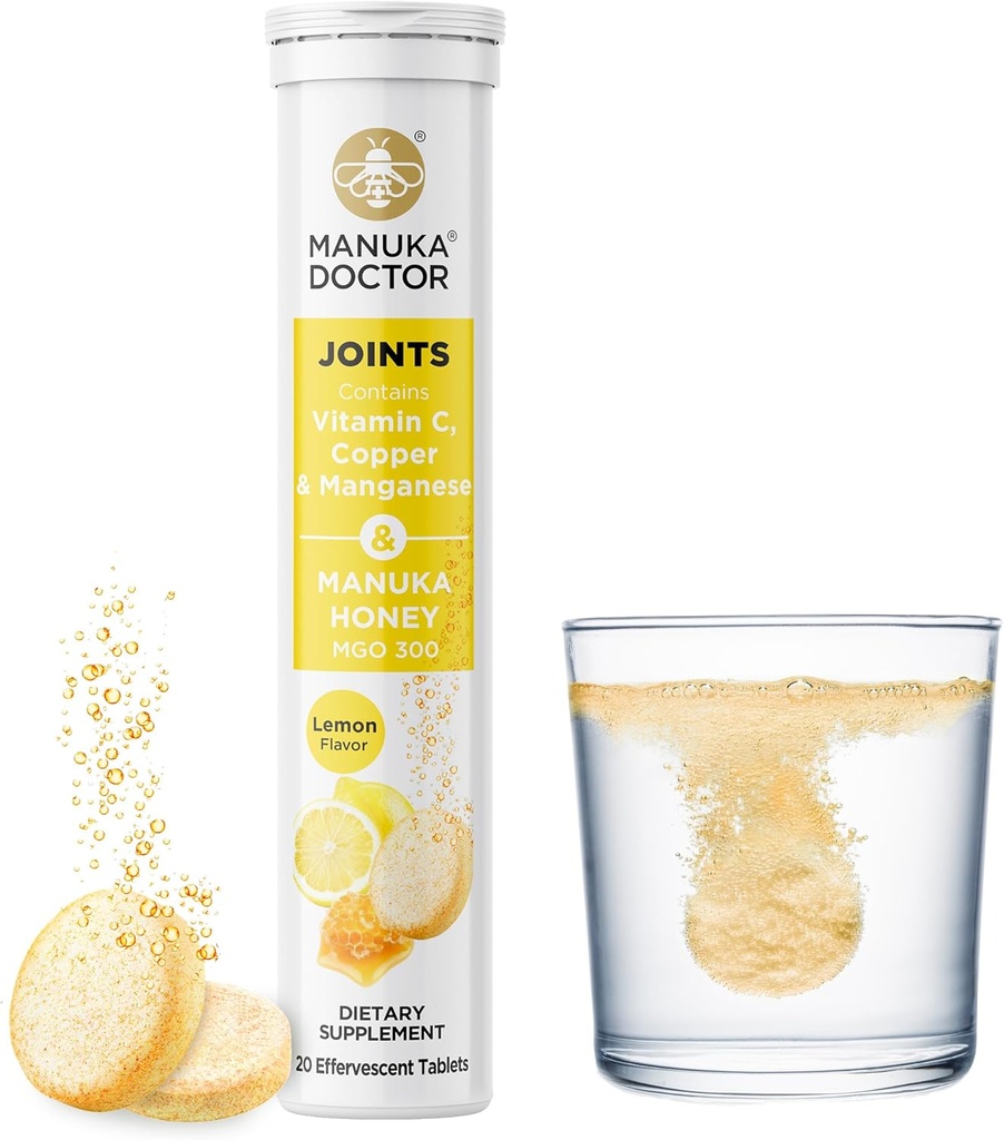 Manuka Doctor Joints* Daily Joint Supplement with Manuka Honey, Vitamina C, Copper & Mangoon to Promove Joint Health, Lemon Flavor, 20 Effervescent Tablets