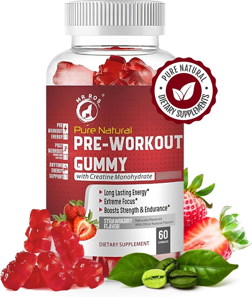 Gume naturale pure de pre-workout cu extract de cafea monohidrată și verde - energie, focalizare, Boost rezistenta, aromă de căpșuni, 60 gume