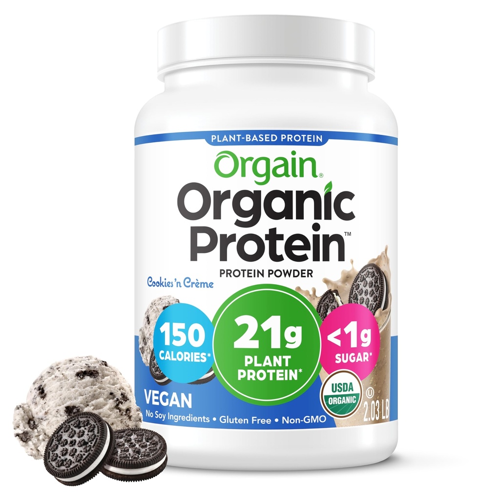 Orgain Organic Vegan Proteine pulbere, cookie-uri si frisca - 21g de proteine pe bază de plante, 7g Prebiotic Fiber, Net Carb, Nu Ingrediente Lactoză, Nu Adauga zahar, Non-GMO, Pentru Shakes & Smoothies, 2.03 lb