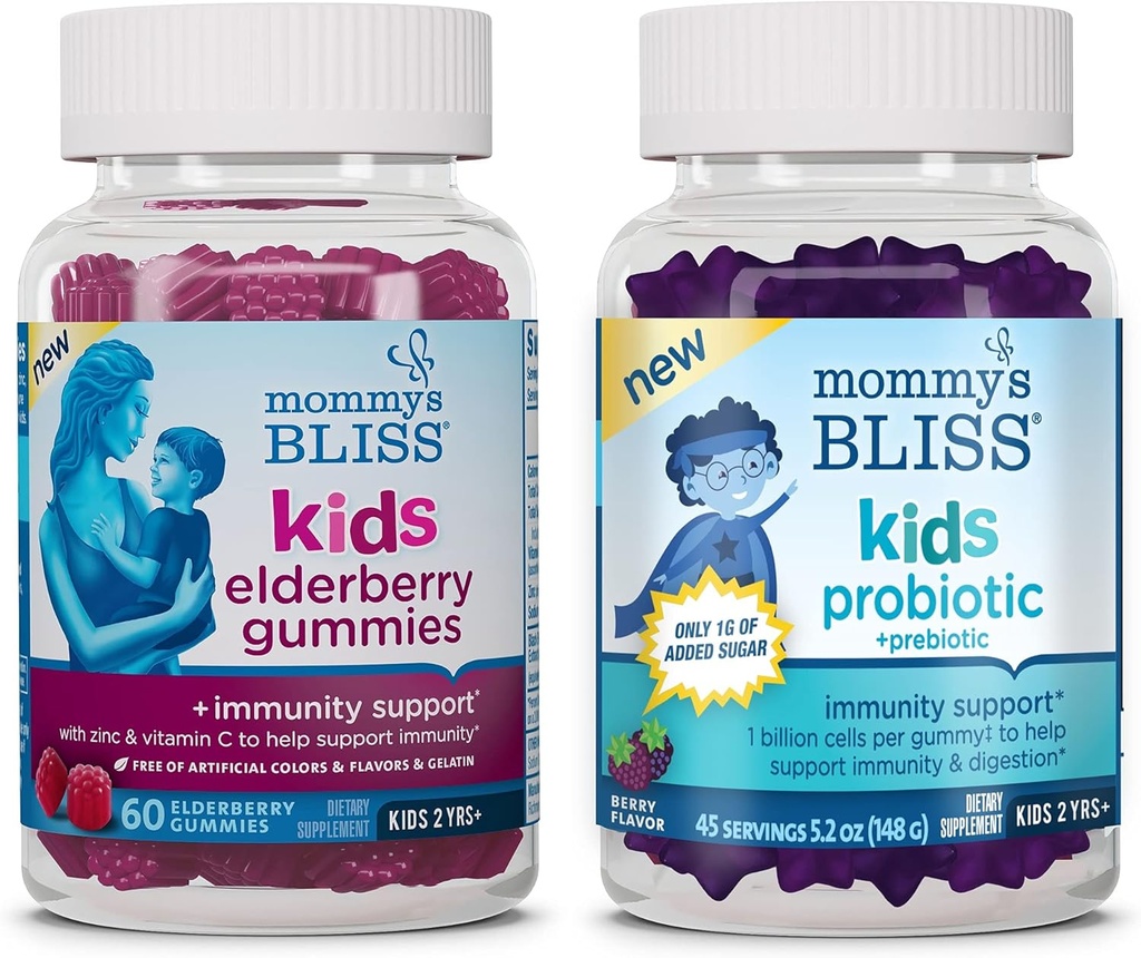 Bliss Kids Elderberry Gumies 60 Count (Pachetul de 1), și copii Probiotic + Prebiotic Gummies 45 Count (Pack of 1), Suport Imunitatea copiilor și Digestia sănătoasă