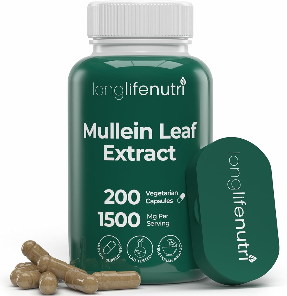 LongLifeNutri Mullein Leaf 1500mg 10:1 Extract - 200 Capsule vegetariene, din Mullein Organic Leaf Powder, Herbal Supplement for Respiratory Care, 2-Month Supply, Non-GMO, GMP Certified, Made in USA