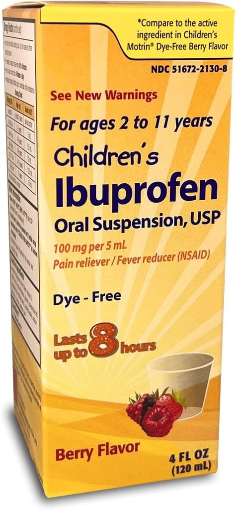 Ibuprofen suspensie orală pentru copii Taro 100 mg per 5 ml, 4 Fl Oz, Reliever durere și Reductor de febră pentru vârstele 2-11 ani, Die-Free, Aroma Berry