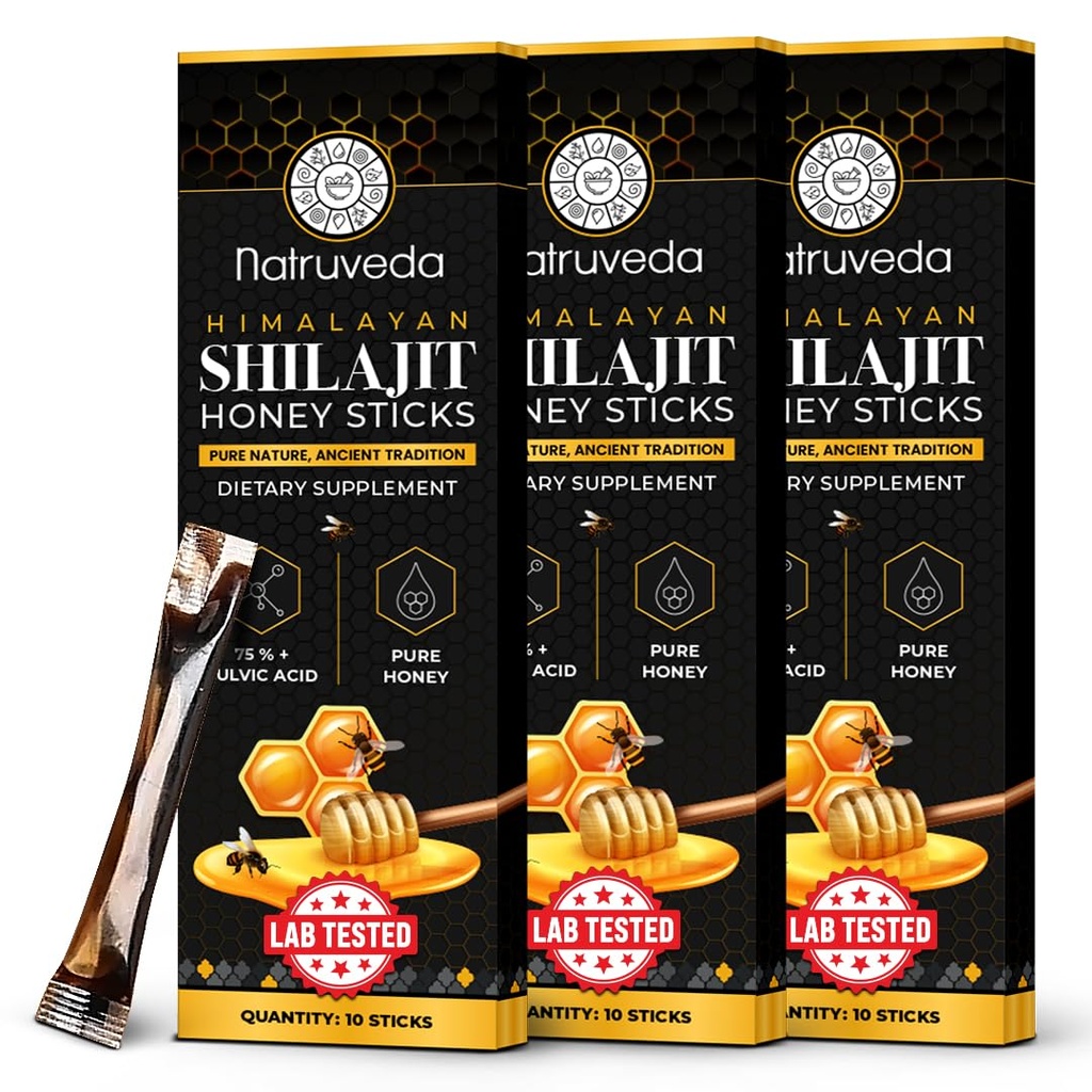 Himalayan Shilaj Sticks de miere pentru bărbați și femei - 75% + Acid fuzilic și minerale Trace - Miere crudă, Saffron & Himalayan Shilajit Resin - Rezistență, Performanță și suport energetic - (Pachet de 30)