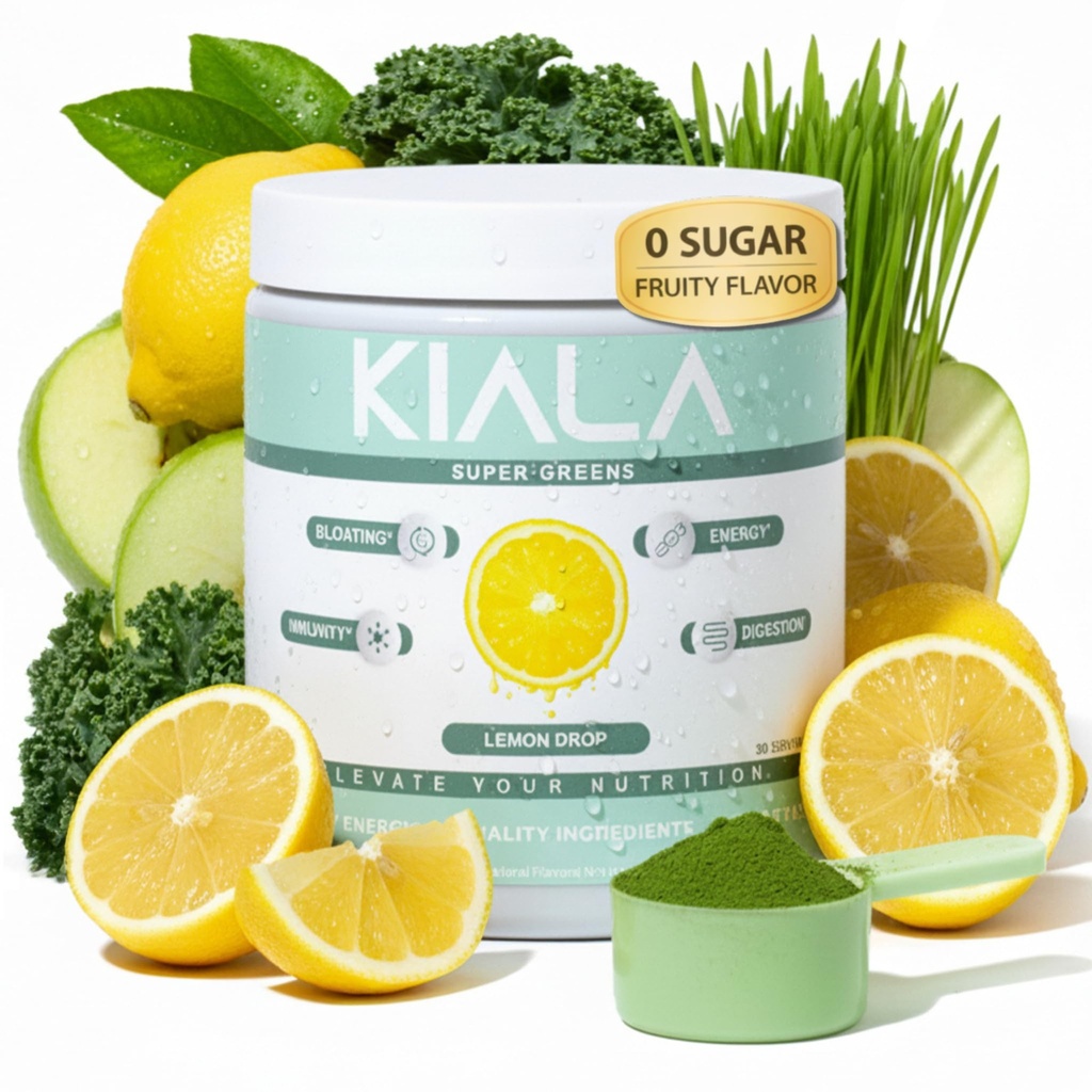 Kiala Nutrition Super Greens, Ecologic Greens Powder cu Spirulina & Chlorella pentru Digestion, Gut Health, Imunity, Energy, Gluten Free, Vegan, Sugar Free, Spectra Blend, Lemon Drop, 30 Servings