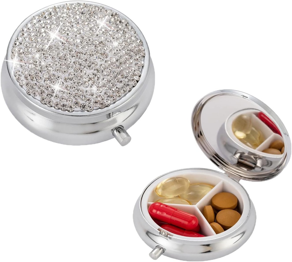 Bling Pill Box, 3 Compartment Medicine Pill Case Holder, Bling Crystal Rhinestones Periculos Pilula de buzunar ound Medicina Organizator pentru Vitamina / uleiuri de pește / Supliment. (Silver)