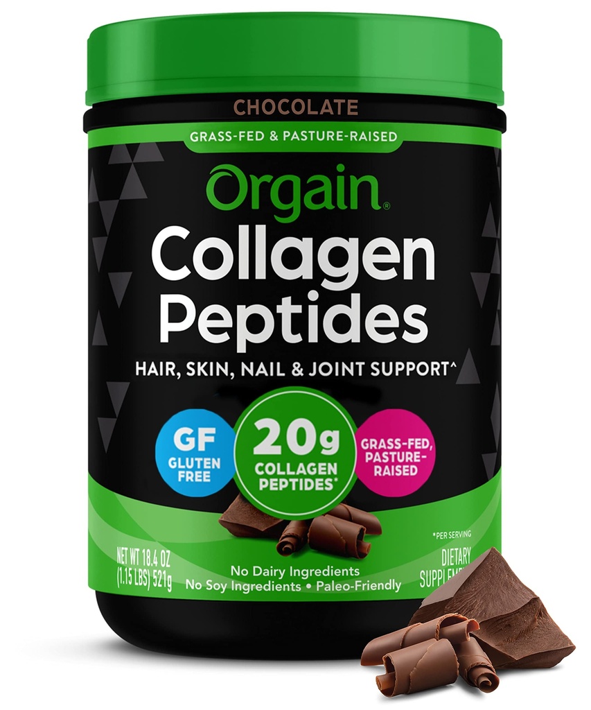 Orgain Hidrolized Colagen Peptides pulbere pentru femei si barbati, Ciocolata, 20g Grass Fed Colagen - par, piele, unghie, & Supliment de suport comun, Paleo & Keto, Non-GMO, Tip I si III, 1lb