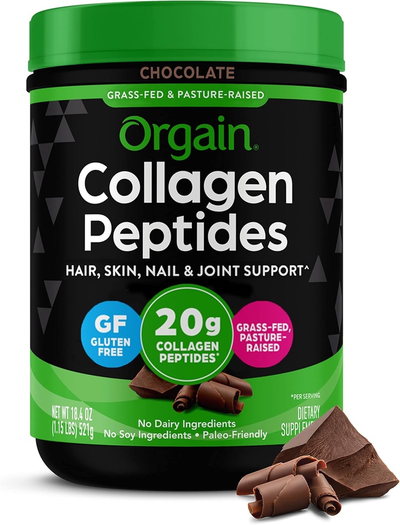 Orgain Hidrolized Colagen Peptides pulbere pentru femei si barbati, Ciocolata, 20g Grass Fed Colagen - par, piele, unghie, & Supliment de suport comun, Paleo & Keto, Non-GMO, Tip I si III, 1lb