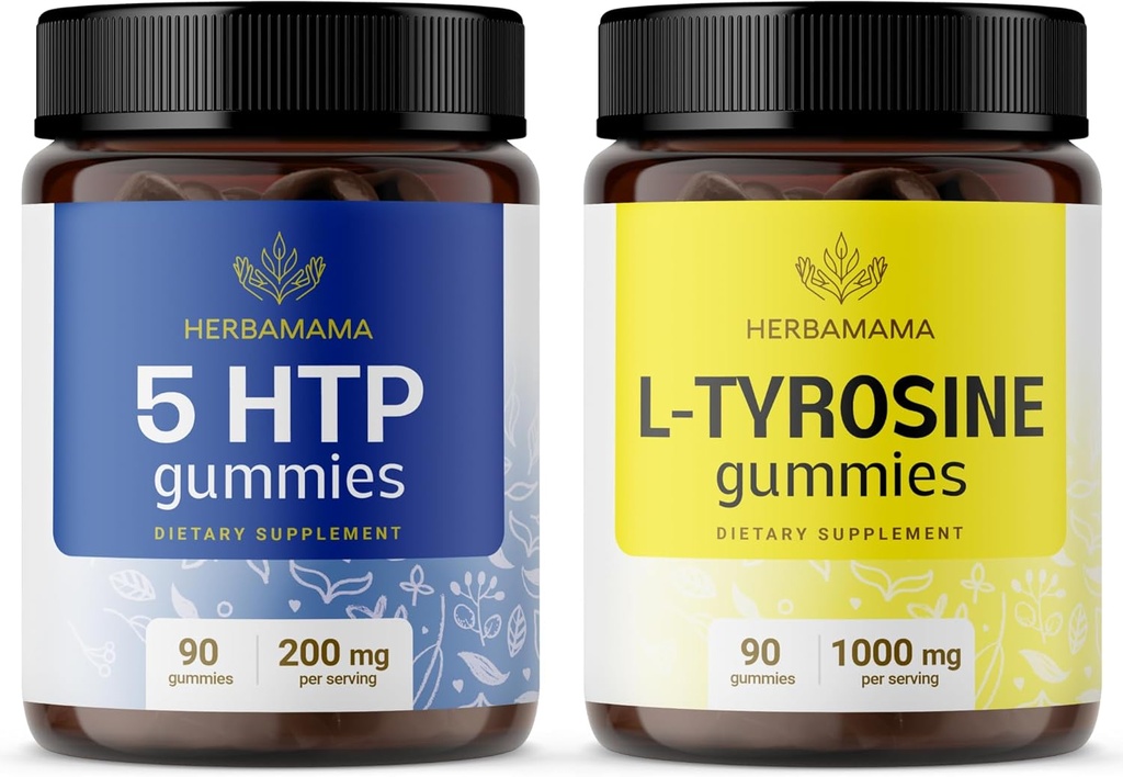 HERBAMAMA L-Tyrosine and Brain Support Kit - Bundle of 200 mg 5-HTP & 1000 mg L-Tyrosine Gumries - Vegan, Non-GMO, Gelatină-Free - 2 Pack