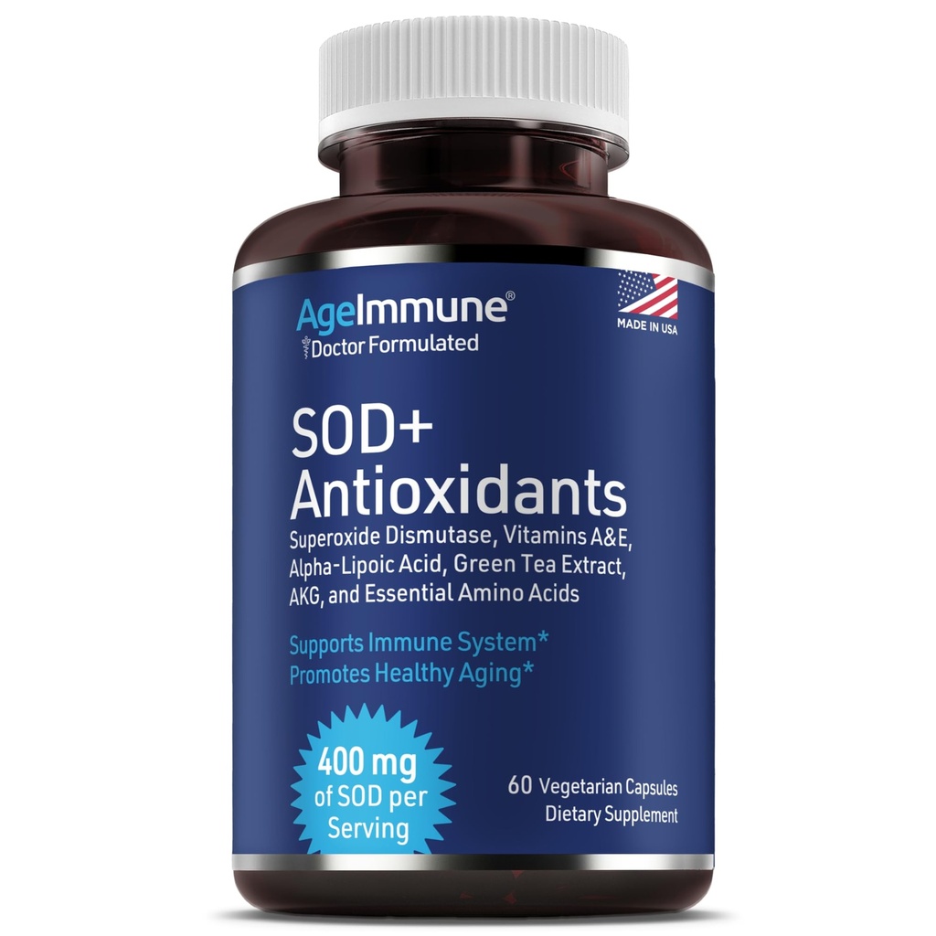 Antioxidanți de SOD Supliment de îmbatranire sanatos - 400 mg de superoxid de dismutază - Acid alfa lipoic - L-Arginină -Lysine - AKG - Vitamina A - Vitamina E pentru suport imun-60 capsule