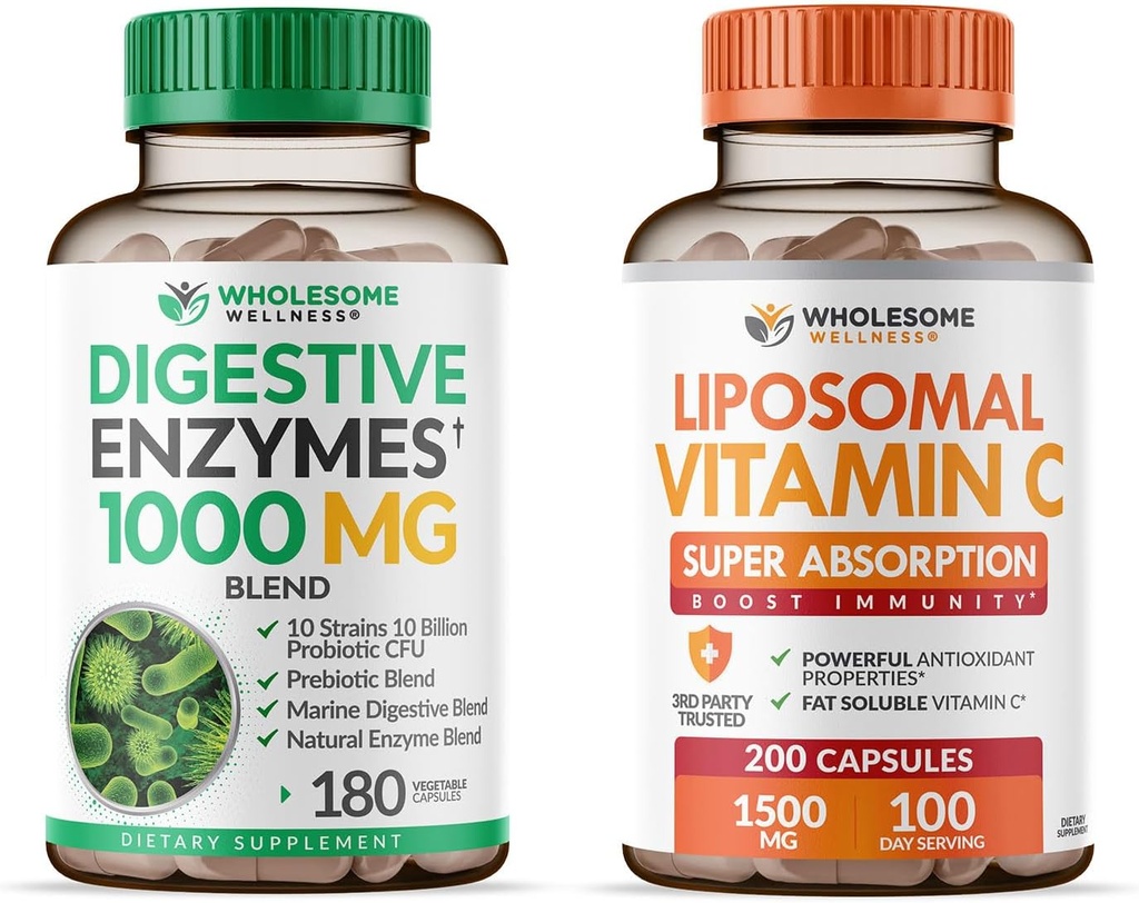 Inteligent Wellness Enzime digestive 1000MG Plus Prebiotice & Probiotice + Capsule lipozomal Vitamina C (200 pastile 1500 mg Buffered)