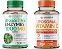 Inteligent Wellness Enzime digestive 1000MG Plus Prebiotice & Probiotice + Capsule lipozomal Vitamina C (200 pastile 1500 mg Buffered)
