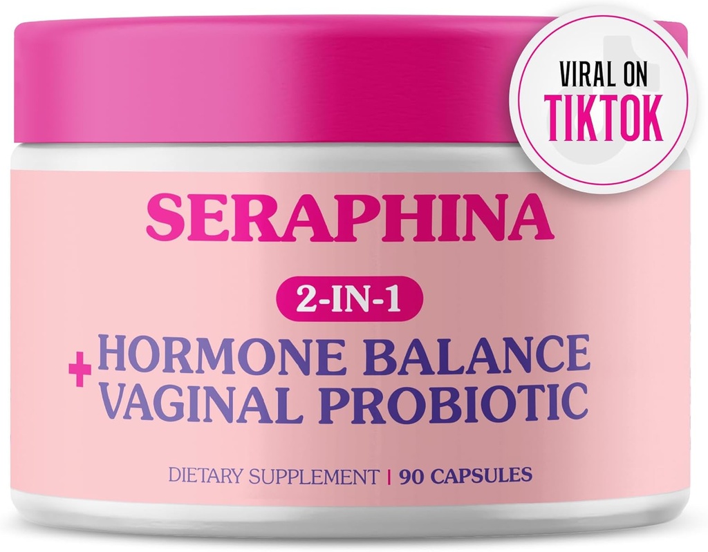 Seraphina Probiotice vaginale 2-in-1 pentru femei + Echilibru hormonal - 90 capsule Îngrijire completă feminină, PMS & Tract urinar Sănătate, Blend prebiotic, 10 miliarde CFU, 6 benzi (count 90 de Pachet de 1)