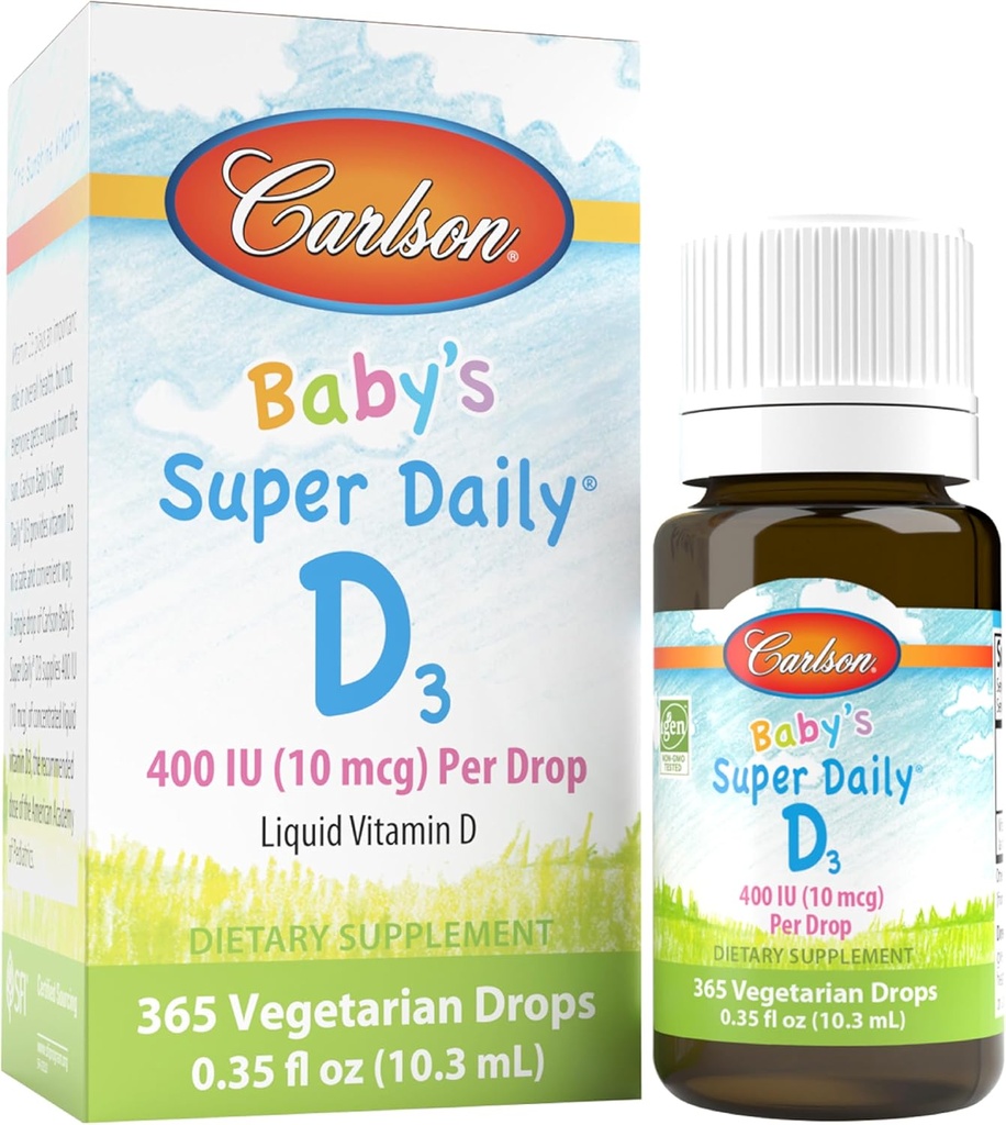 Carlson - Super Daily D3, Baby Vitamina D picături, 400 UI (10 mcg) per picătură, 1 an de aprovizionare, vegetariană, lichid vitamina D pentru sugari și copii mici, neflavorat, 365 picături