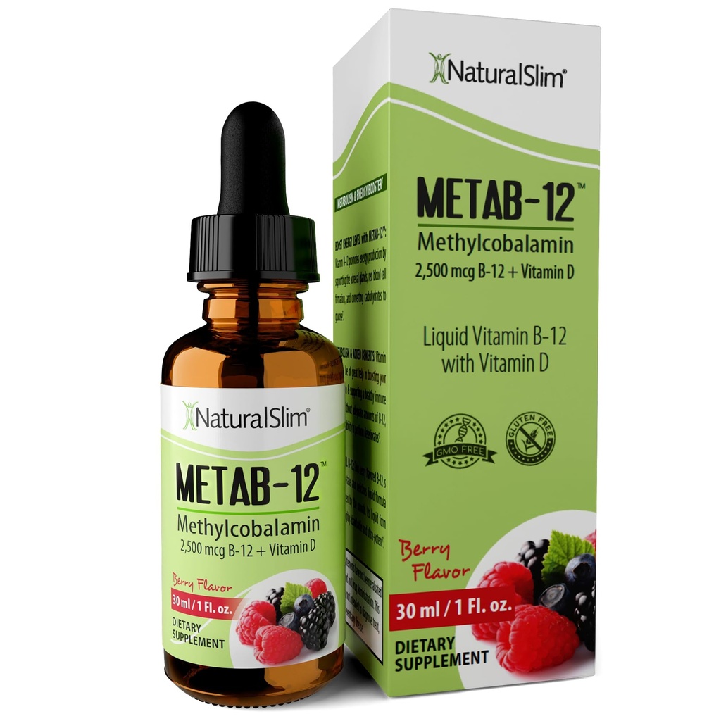 NaturalSlim lichid B12 Vitamine cu vitamina D - Metab-12 metilcobalamină 2500 mcg B12 picături sublinguale pentru metabolism, energie, și suport imun - Berry Flavor 1 fl oz