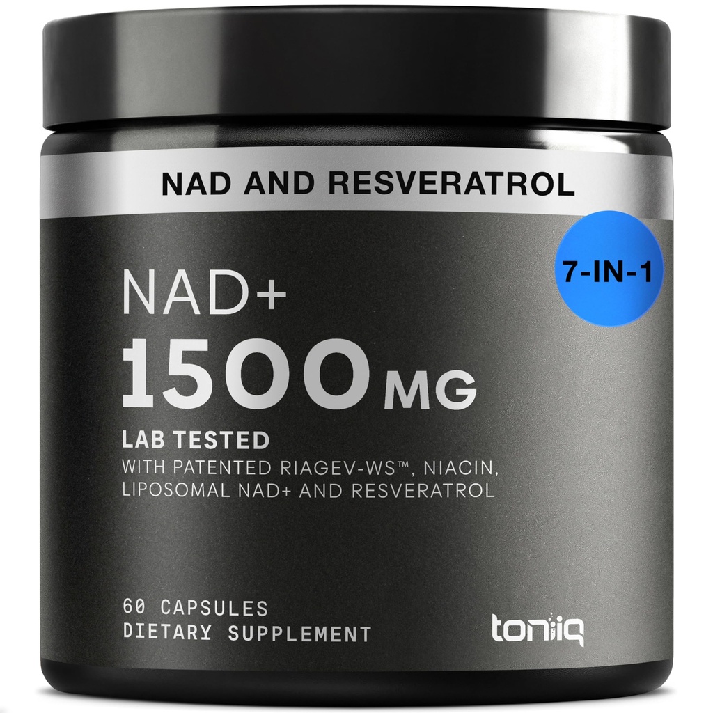 Toniiq NAD+ Supliment 1500mg - Ultra supliment NAD de înaltă rezistență cu ingrediente studiate clinic cu RiaGev-WSTM brevetat, Resveratrol, și Niacin - 60 capsule