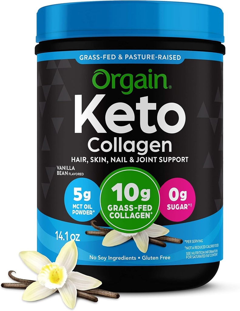 Orgain Keto Colagen Pulbere de proteine, Vanilie - 10g Grass Fed Hidrolyzed Colagen Peptides pentru femei și bărbați, Tip I & III, 5g Ulei MCT - Păr, Piele, unghii, & Suport comun, Non-GMO, Gluten gratuit - 0.88lb