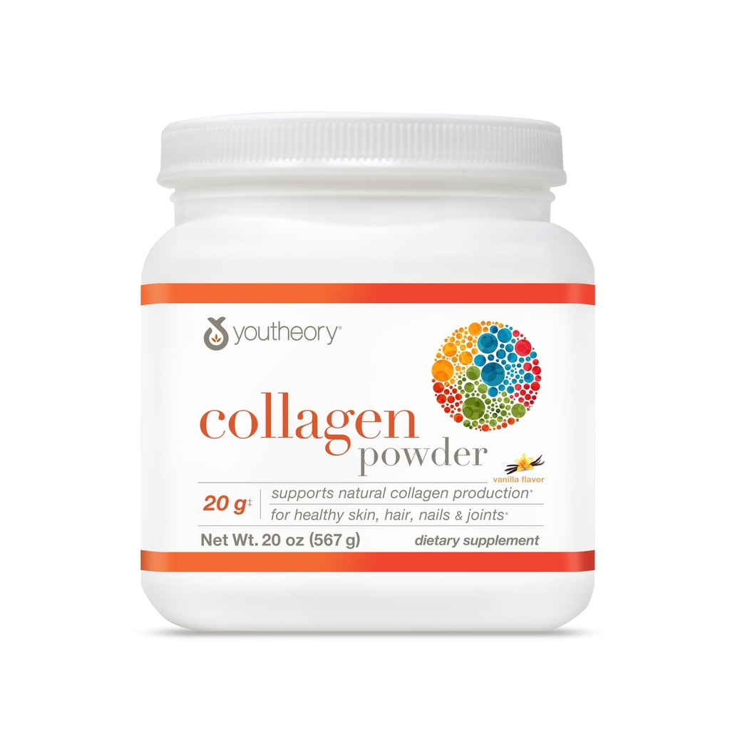 Youtheory Colagen Powder - cu Aminoacids, Minerales, Vitamina C & B7 (Biotina) - Sprijină oase sănătoase, mușchi, păr, unghii, piele și articulații* - Hidrolyzed - Vanilie - 20 oz (21 Servings)