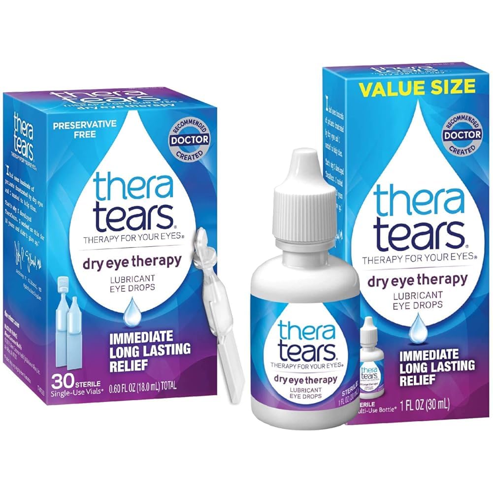 TheraTears Dry Eye Terapie Lubrifiere picături oftalmice pentru ochi uscaţi, picături de ochi fără conservanţi, 30 flacoane cu utilizare unică şi terapie oculară uscată picături oftalmice pentru ochi uscaţi, 1,0 Fl Oz