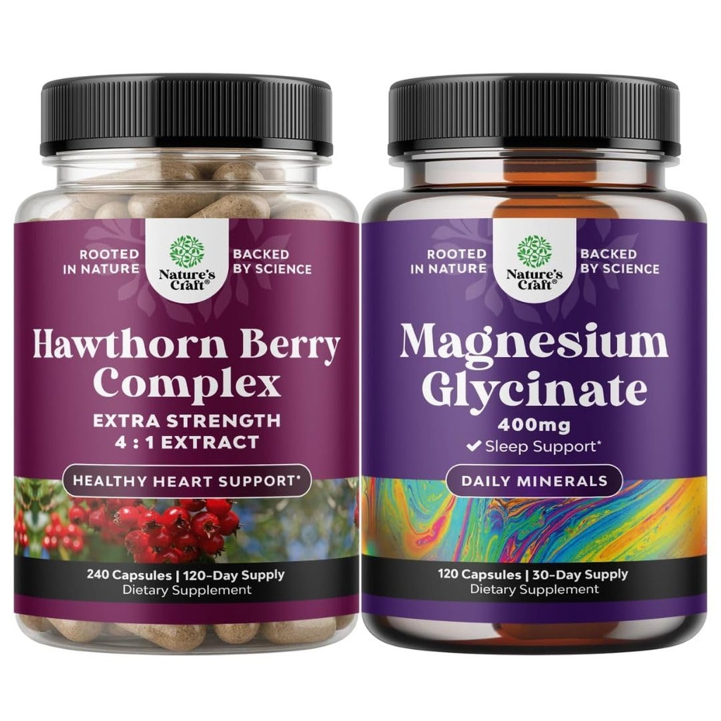 Naturas Craft Bundle de extra Putere Capsulele de Berry Hawthorn - Extract Digestie si inima sanatate Supliment si pur magneziu Glycinate 400mg Per Servire pentru somn si relaxare