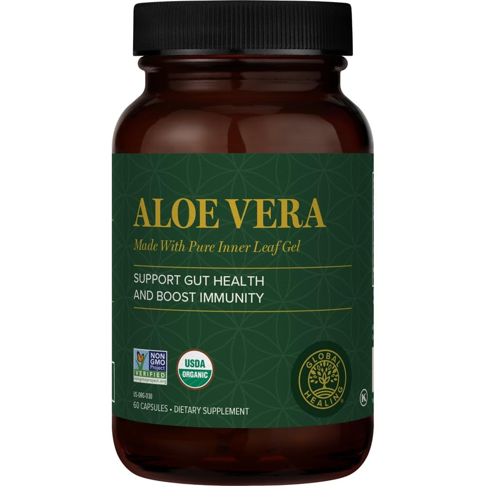 Global Healing Aloe Vera Bio-Active Organic Leaf Supliment - 200x Concentrat Formula cu cea mai mare concentrație de Acemannan - Aloin-Free - Gut Health & Immune Support - 60 capsule