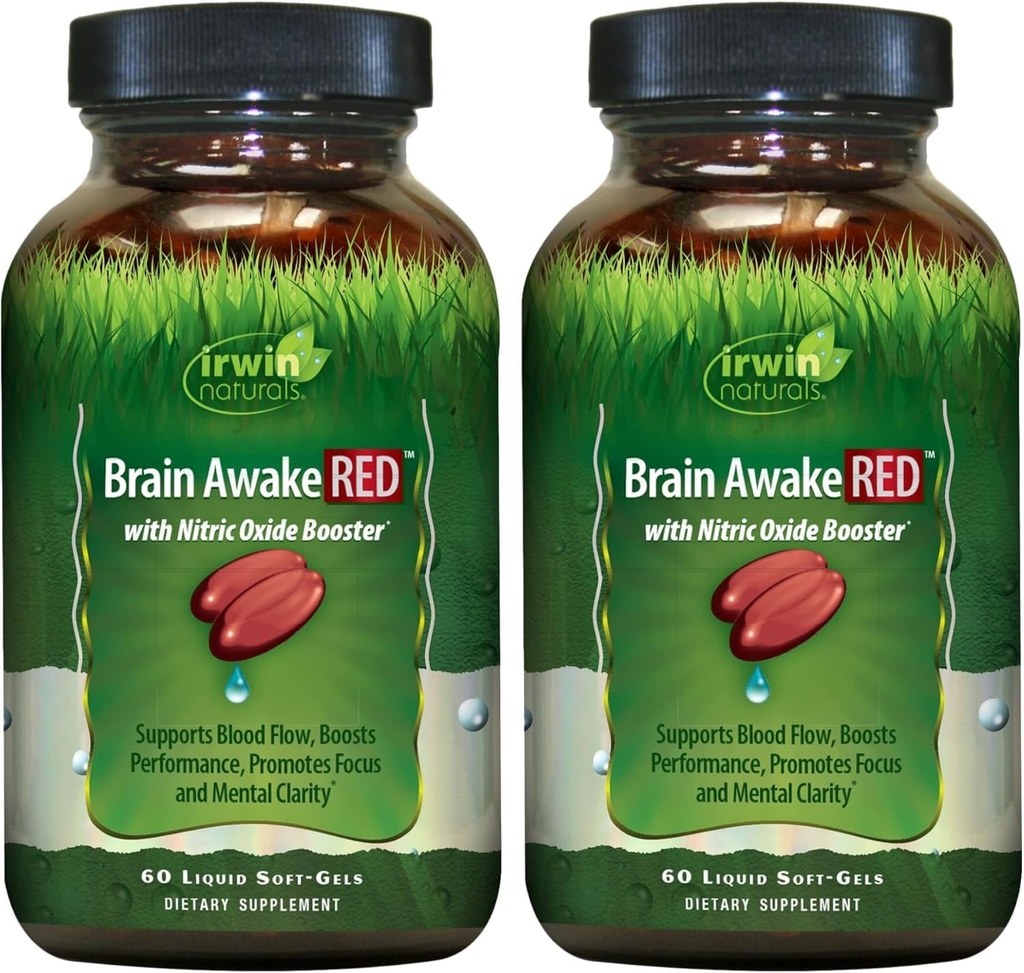 Irwin Naturals Brain Awake RED cu oxid de azot Booster - 60 lichid Soft-Gels, Pachet de 2 - Suport Brain Health & Optimize Performance - 40 Total serviri